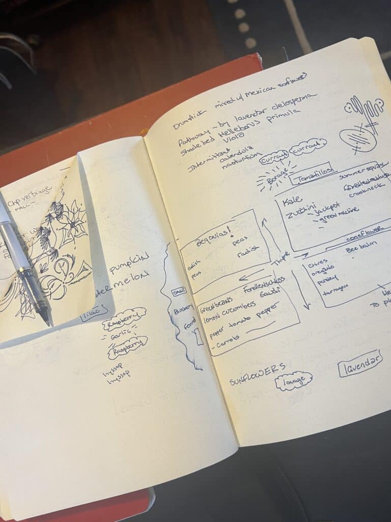 A restaurateur and part-time gardener's daily journal with a sketched layout for the spring garden